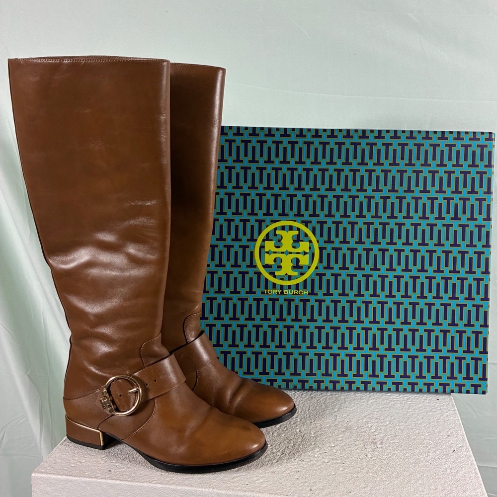 Tory Burch Women Tan Leather Riding Boots Gold Buckle 6M 3213 G17‎ Equestrian